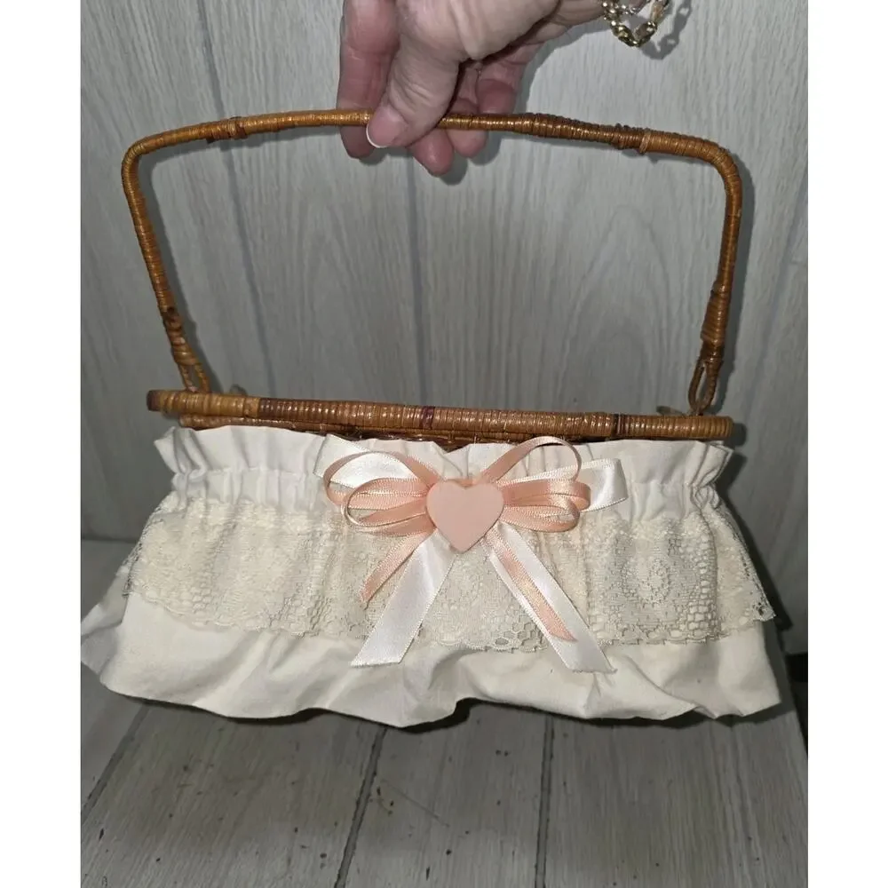 Vintage Wicker Basket Storage Caddy Silverware Picinic Organizer Heart Lace Bow